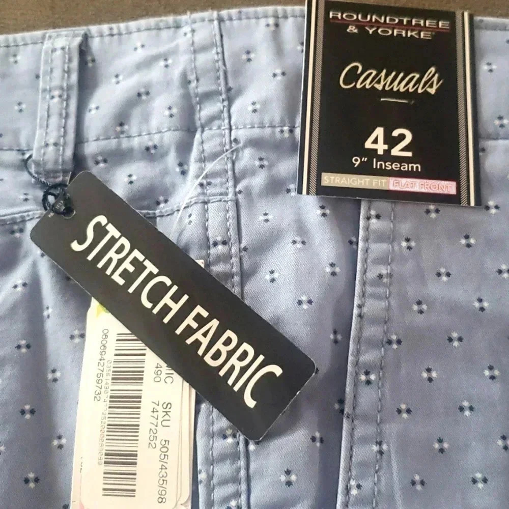 Shorts Preppy Big Mens 42" Straight Fit Stretch Blue Flat Front Travel Golf